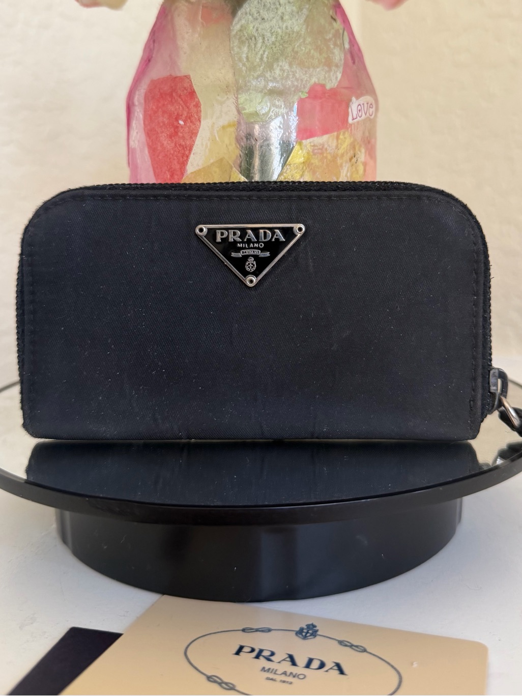 Prada Black Nylon Zip Wallet Key-Holder Silver Hardware With Coa